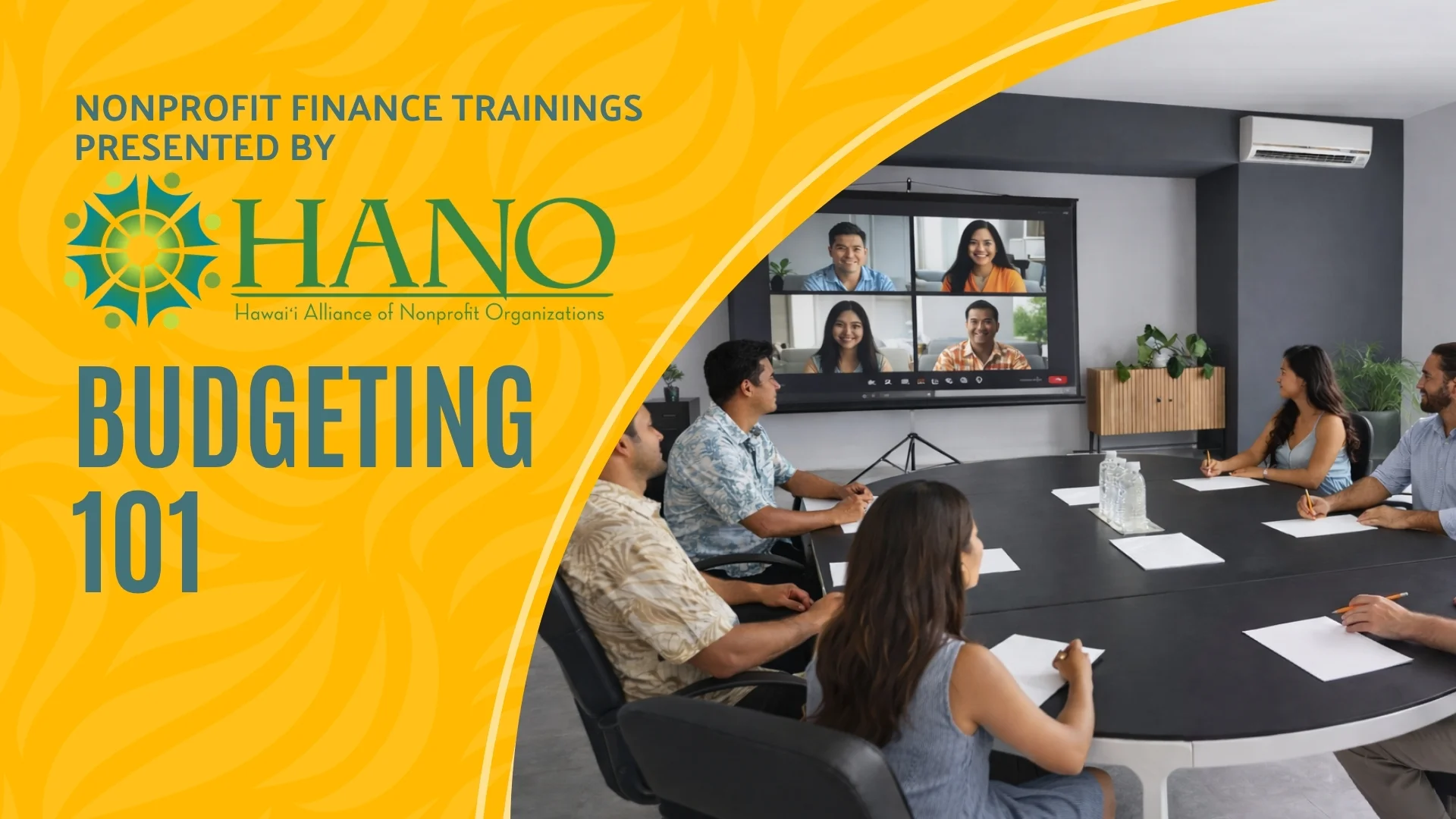 Budgeting 101 Event flyer with people sitting around a conference table