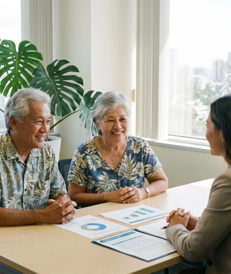 Kūpuna talking to a financial advisor.
