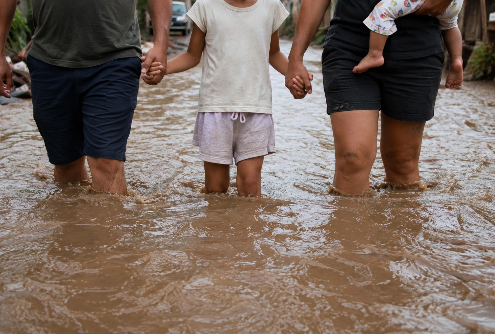 Flooding A family walking through a flooded neighborhood.