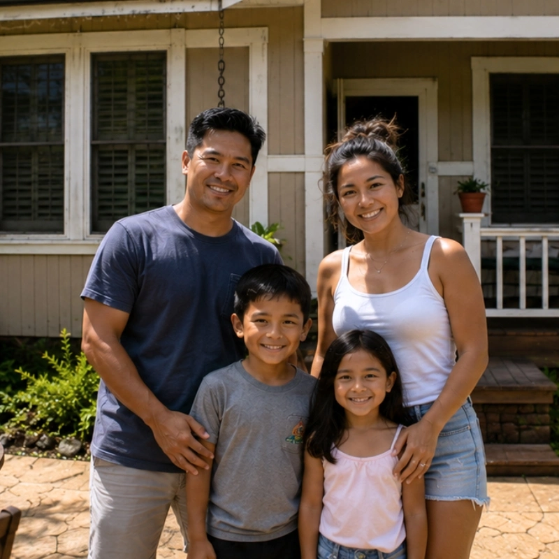 Hawaiʻi Family taking a group photo in front of their house.