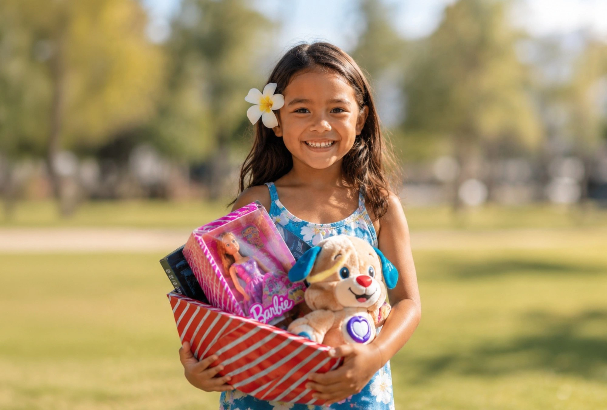 Keiki holding toys from the toy drive