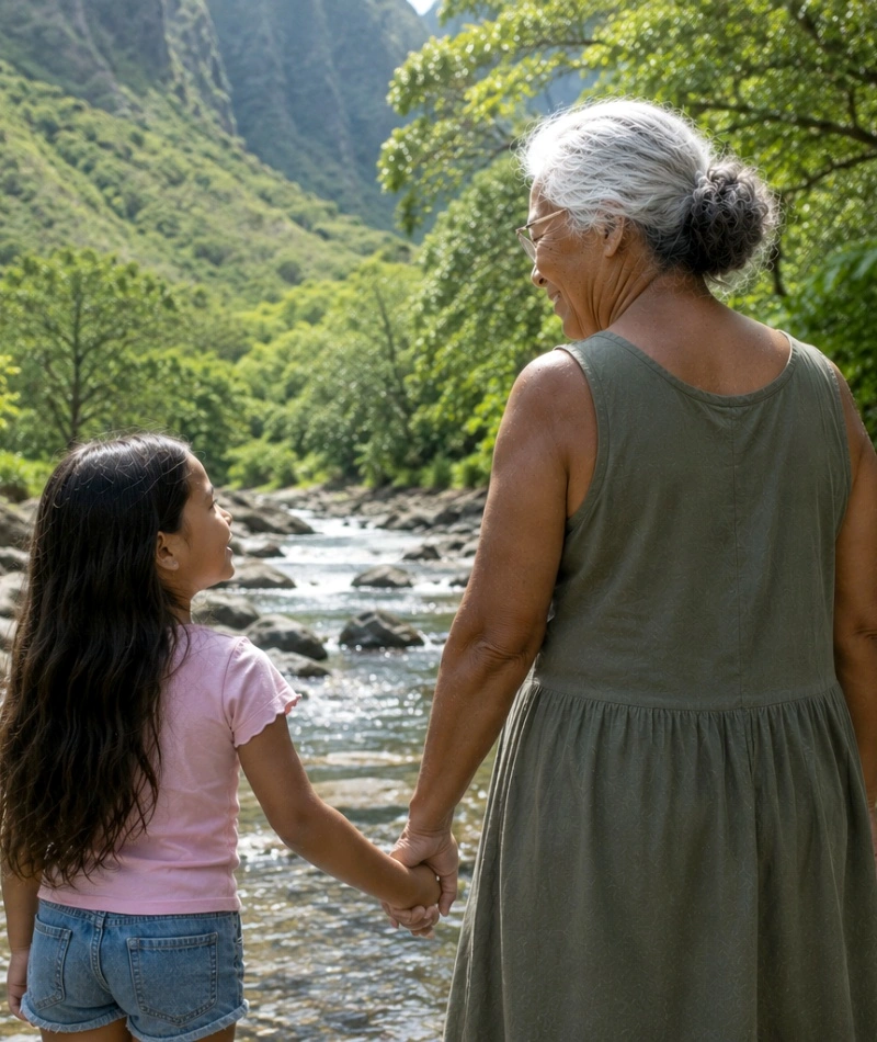 Iao Valley 2 Kūpuna and keiki holding hands with a view of ʻĪao Valley in the background.