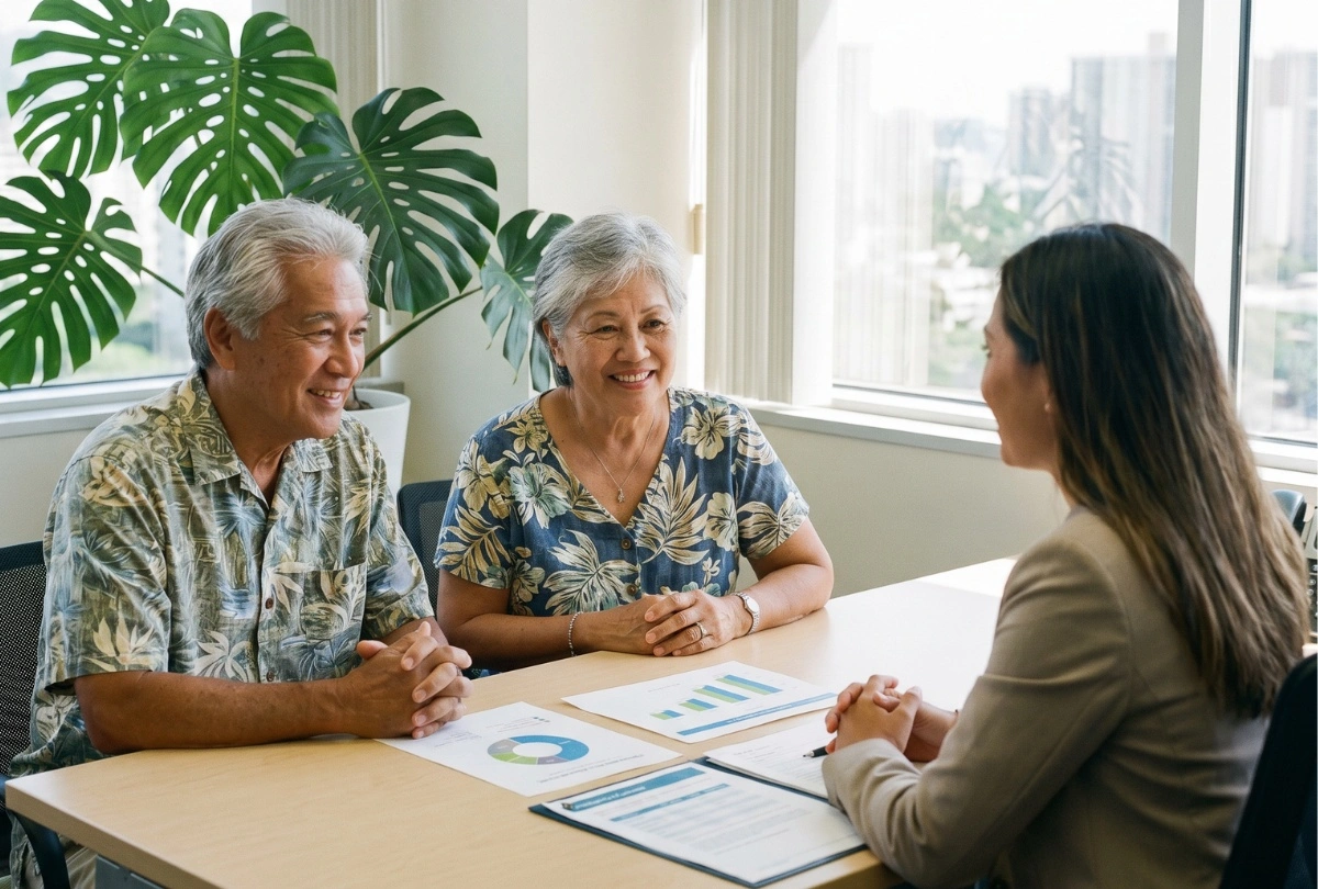 Kūpuna talking to an advisor about donating through the Planned Giving Program.