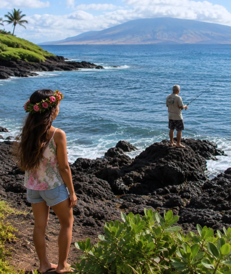 Keiki watching a local man fishing on the rocks.