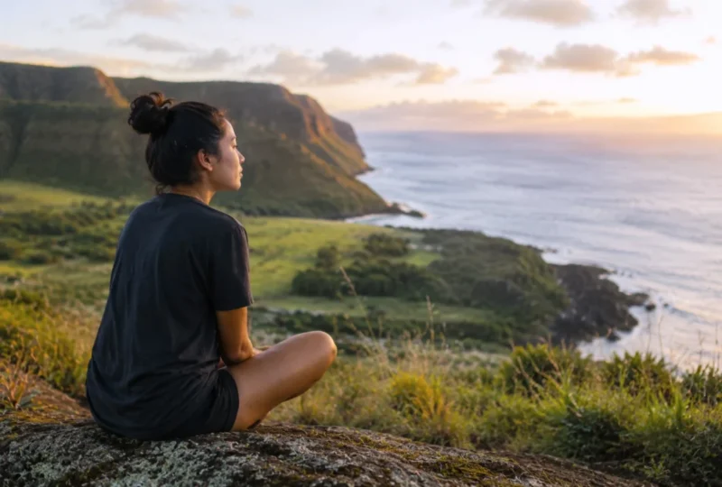 Maui Contemplation Woman sitting down on the ground overlooking the coastal view.