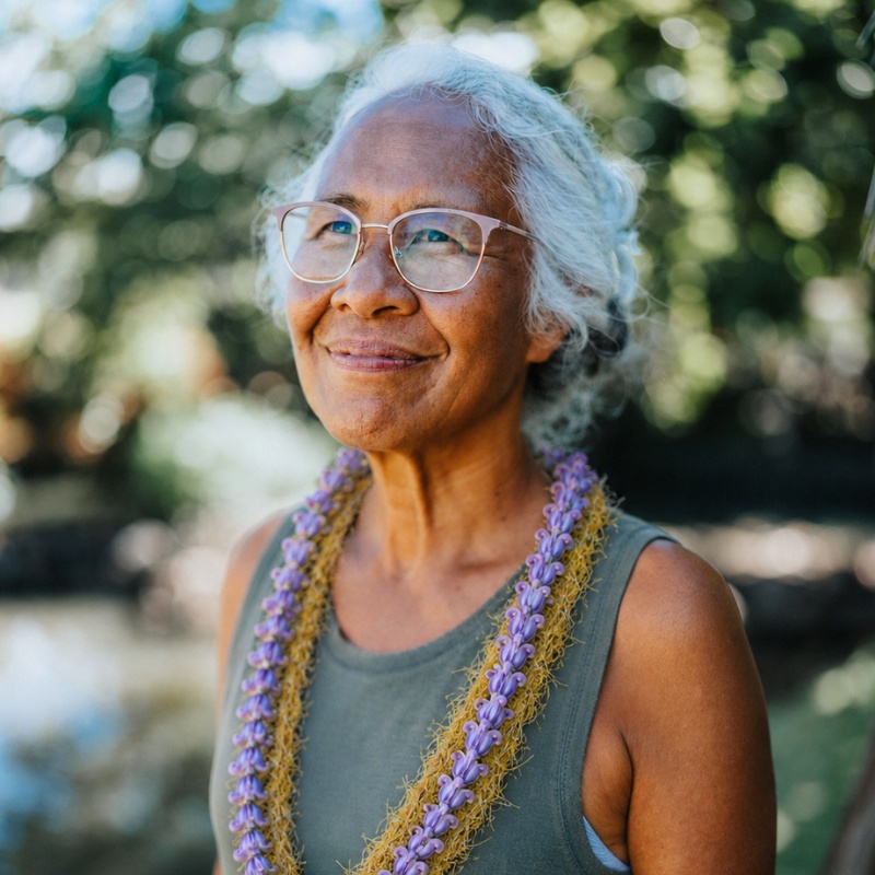 Woman with Lei SQ 2 Kūpuna smiling and wearing a beautiful flower crown lei.