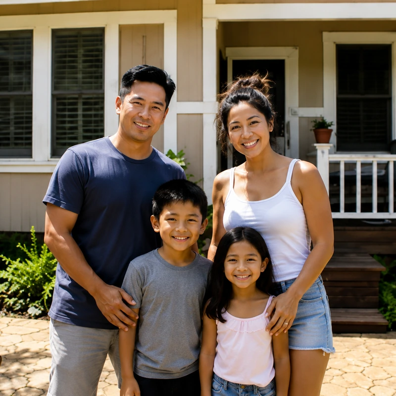 Hawaii family poses in front of their home